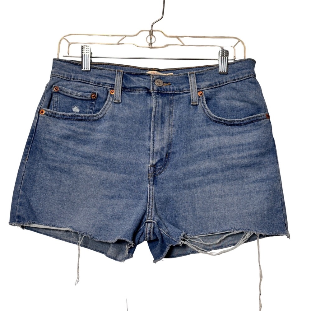 Levis High Rise Denim Shorts Women 30 Medium Wash Blue Raw Hem‎ Distressed
